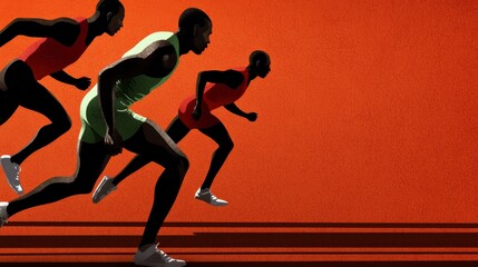 Three Athletes Running Relay Race on Orange Track Stylized Illustration