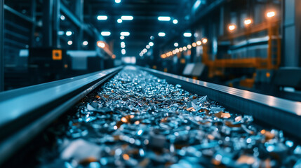 A highly detailed shot of a conveyor belt with scrap metal being mechanically sorted, pieces of aluminum, copper, and steel glimmering under the factory lights, illustrating sustai
