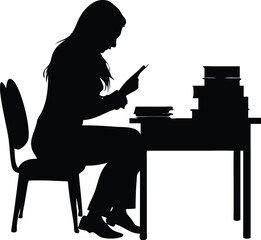 Woman Reading A Book At The Table silhouette