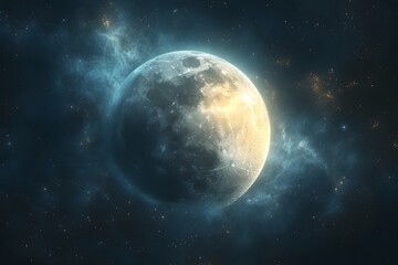 Obraz premium Celestial Majesty: A radiant full moon dominates a cosmic canvas of swirling nebulas and stars, evoking a sense of wonder and the mysteries of the universe.