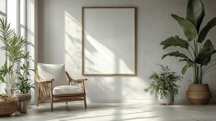 Interior Mockup with Empty Frame Armchair and Plants in a Bright Room