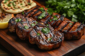 Grilled lamb chops with fresh herbs, grilled bread, and lemon served on a wooden board with vibrant greens
