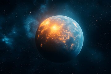Obraz premium Celestial Sphere: A vibrant planet glows with fiery hues, a mesmerizing sight set against the backdrop of a star-studded cosmic expanse, inviting exploration and wonder.