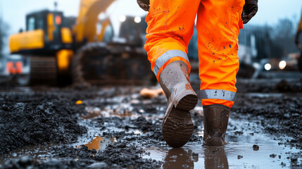 A construction worker in bright orange safety gear trudges through a muddy worksite, boots sinking into the wet ground as heavy machinery operates in the background.