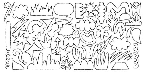 Hand drawn arrow scribble crayon set. Squiggle, scratch doodle kid arrow star set. Crayon scratch texture shape children kid naive. Vector illustration