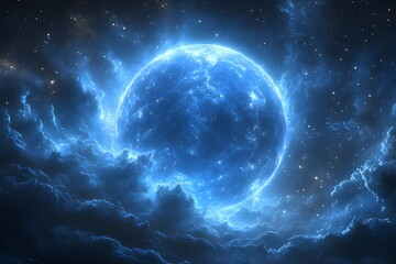 Celestial Sphere: A vibrant blue celestial sphere glows amidst swirling nebula, creating a breathtaking display of cosmic beauty.
