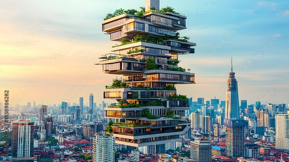 Aufkleber innovative architecture featuring self sustaining ai driven bioengineered towers that absorb co2 and