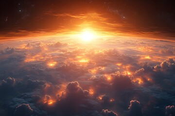 Fototapeta premium Celestial Dawn: An awe-inspiring aerial view of the earth bathed in the warm glow of a sunrise, clouds dance in the atmosphere, reflecting the radiant hues of the sun. 