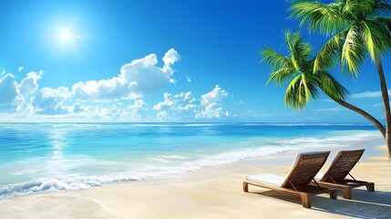 Peaceful and relaxing beach vacation scene with swaying palm trees comfortable sunbed and calm turquoise ocean waves lapping the pristine sandy shore under a bright