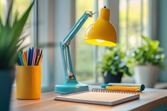 Bright and inviting workspace with colorful stationery and plants in a well-lit room featuring a sleek yellow desk lamp