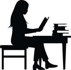 A silhouette of the Girl is sitting at a reading table and studying with a white background