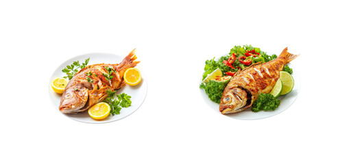 Grilled Fish with Lemon and Fresh Vegetable Salad on White Plates