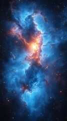 Fototapeta premium Celestial Tapestry: The image presents a vibrant, swirling nebula, with captivating hues of blue and gold blending seamlessly in the vast expanse of the cosmos. 