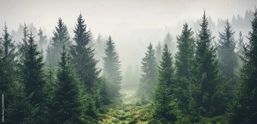 Poster Fog entering coniferous forest creating ethereal landscape