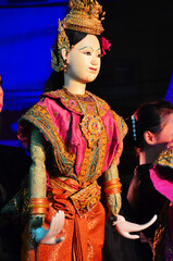 Ancient puppets toy or antique marionette thai style for playing acting on stage show thai people...