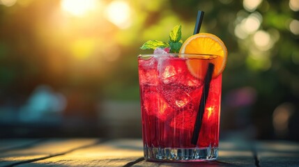Refreshing summer cocktail, vibrant red drink with ice, orange slice, and mint garnish, perfect for a sunny afternoon