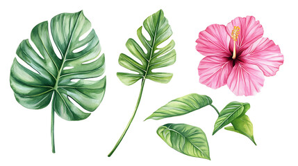 Obraz premium Tropical leaves and flowers pattern. Seamless watercolor floral pattern with monstera leaf, tropic palm, plumeria pink and yellow flower