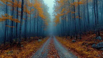 Mysterious Foggy Road Through an Enigmatic Autumn Forest