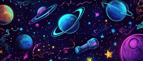 Funky Spacethemed Doodles With Neon