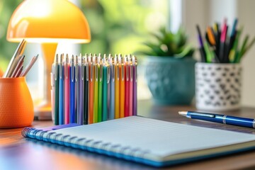 Bright and inviting workspace with colorful stationery and plants in a well-lit room featuring a sleek yellow desk lamp