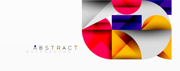 Abstract geometric artwork with overlapping circles and gradients, circle square triangle shapes background featuring sharp angular cuts, smooth shading, and structured layered composition