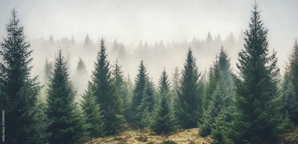 Poster Fog entering coniferous forest creating magical atmosphere