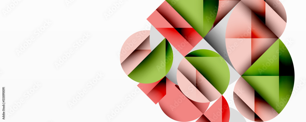 Poster Modern abstract composition with layered circles and angular segments featuring gradients, transparency effects, and a structured geometric layout