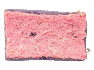 Closeup shot of a wellused cleaning sponge, exhibiting texture and wear.  The pink scrubbing...