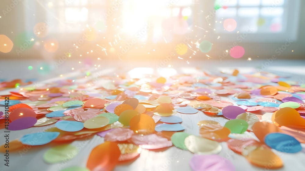 Poster close up view of a pile of colorful birthday confetti scattered on a clean white surface creating a 