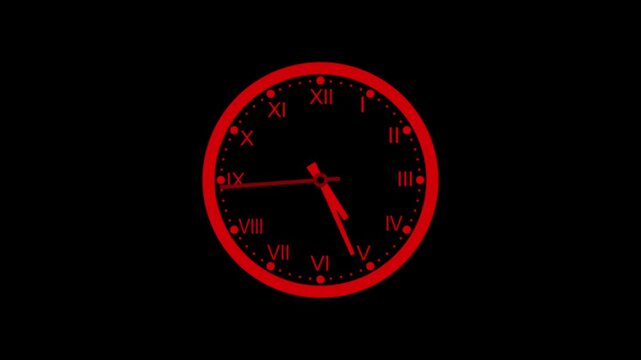 Counting down simple minimalist clock isolated, A analog clock with Roman numerals animation on a black background