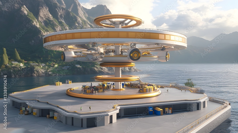 Poster conceptual 3d rendering of a futuristic floating city powered by large wind turbines that are seamle
