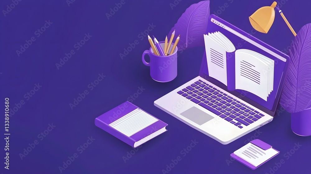 Poster conceptual image depicting the concept of e learning and online education the image shows an open la