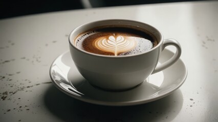Fototapeta premium Latte art in white coffee cup on saucer, rustic tabletop setting