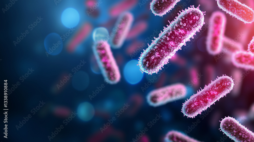 Poster a high-resolution view of bacterial colonies glowing under fluorescent staining, highlighting differ