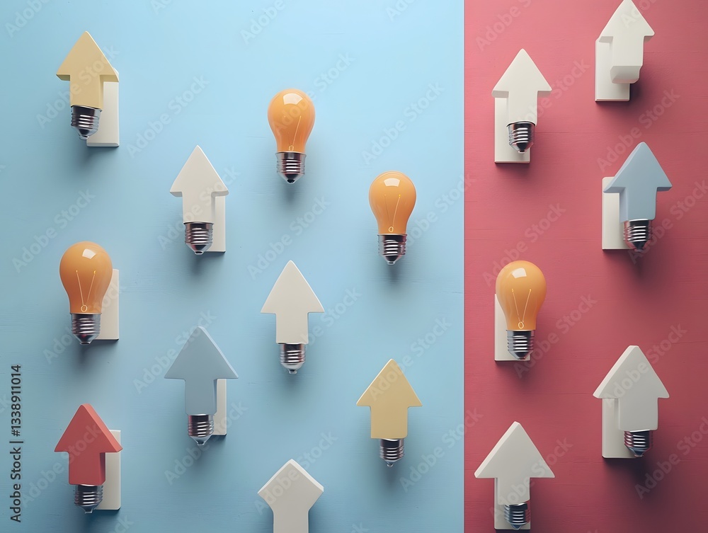 Aufkleber creative startup concept with floating light bulbs and 3d arrows symbolizing progress on a simple mi