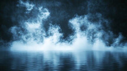 Fototapeta premium The scene in the picture includes smoke, magical haze clouds, and blue glowing steam as seen from a nightclub perspective. The background shows mist or fog drifting over a dark water surface,