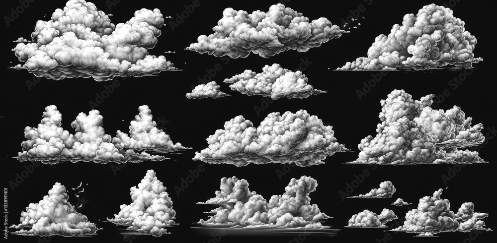 Poster create a set of isolated cloud weather illustrations with modern sketches