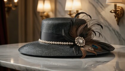 Elegant Black Hat with Feathers and Pearls Displayed on a Marble Table