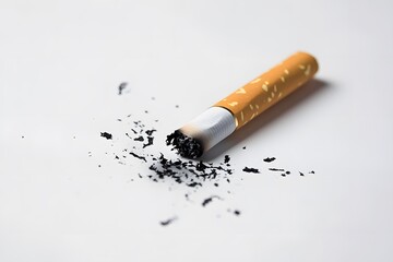 Obraz premium Broken cigarette surrounded by ash on a white background