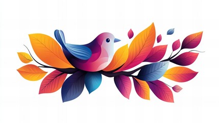 Stylized bird sits perched on a branch surrounded by colorful autumn leaves, all depicted with smooth gradients and a minimalist design against a clea
