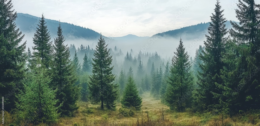 Poster fog rolling through mountain forest of evergreen trees