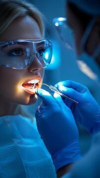 Bright dental examination in a modern clinic with a focused dentist. Ideal for Social Media, Stories, Advertising