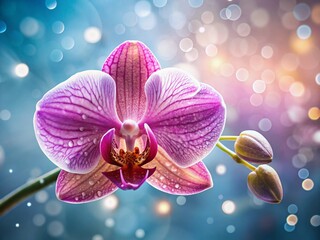 Fototapeta premium Minimalist Orchid: Vibrant Petals, Dew Drops, Soft Blurred Background