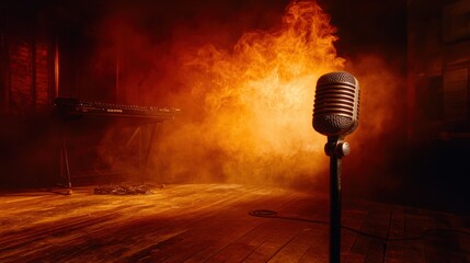 A classic vintage microphone stands alone in a smoky environment, evoking nostalgia and the power of music, ideal for music-related artwork or promotional materials.