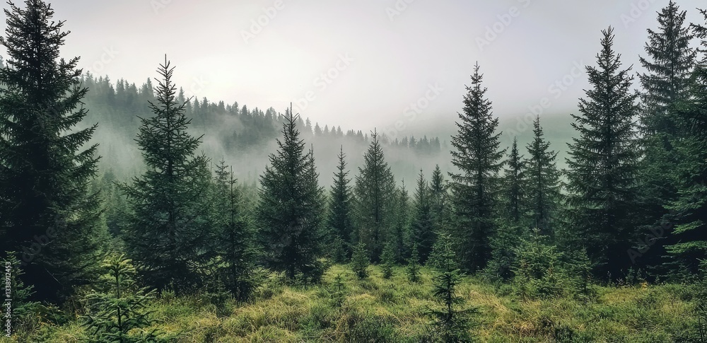 Poster fog rolling through evergreen forest landscape creating misty atmosphere