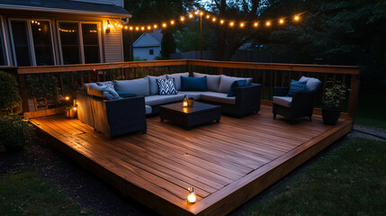 A cozy evening scene of a freshly built wooden deck with warm string lights and comfortable furniture, showing the rewarding outcome of DIY home improvement.