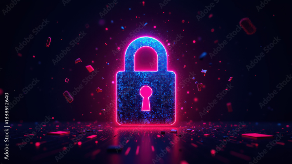 Poster illustration of a lock with vibrant neon colors on a cyber background representing data security, de