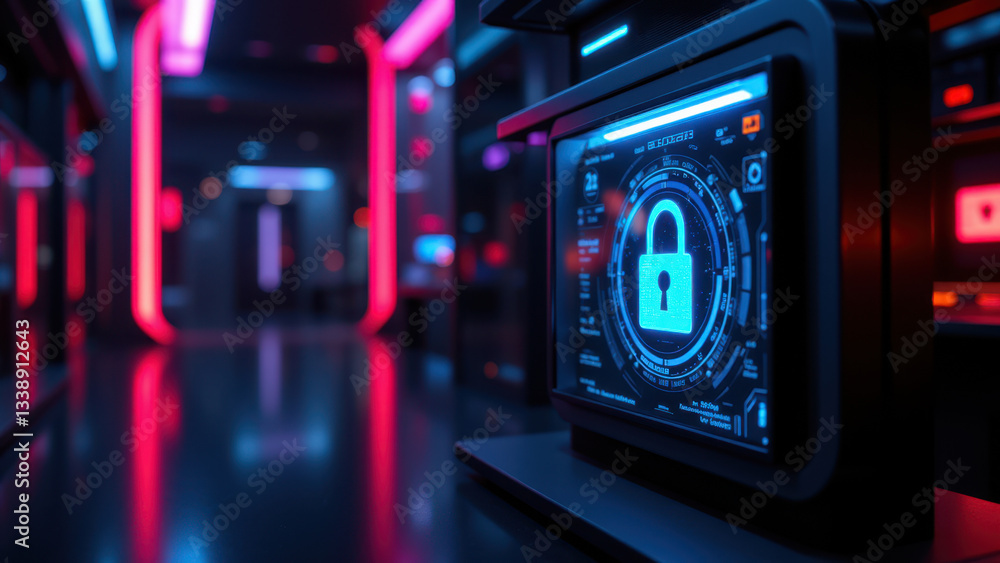 Poster a modern, high-tech server room with advanced security equipment, including a kubernetes dashboard.