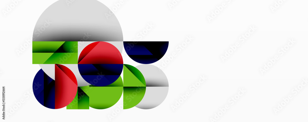 Poster Modern abstract composition with layered circles and angular segments featuring gradients, transparency effects, and a structured geometric layout