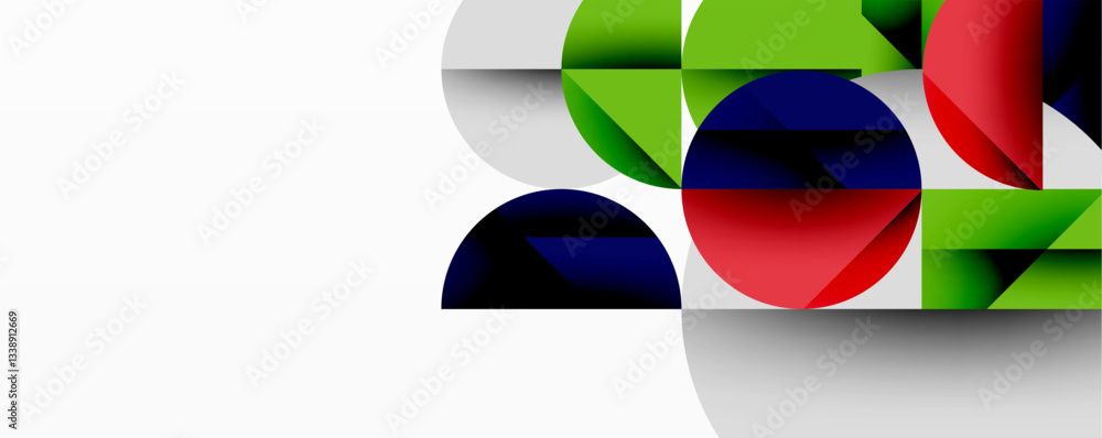 Poster Modern abstract composition with layered circles and angular segments featuring gradients, transparency effects, and a structured geometric layout